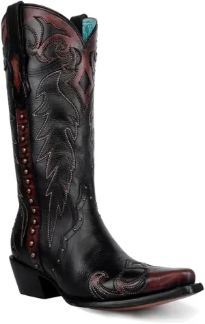CORRAL LADIE'S BLACK/COGNAC EMBROIDERY & STUDS & SIDE ZIPPER TRIAD, CORRAL 43.8 X 34.8 X 11.0 SOLE,COWHIDE LEATHER, WESTERN BOOT, F1352