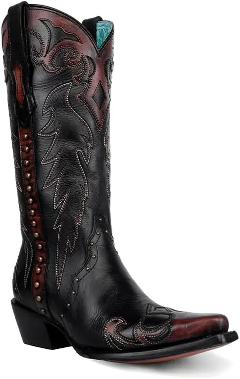 CORRAL LADIE'S BLACK/COGNAC EMBROIDERY & STUDS & SIDE ZIPPER TRIAD, CORRAL 43.8 X 34.8 X 11.0 SOLE,COWHIDE LEATHER, WESTERN BOOT, F1352