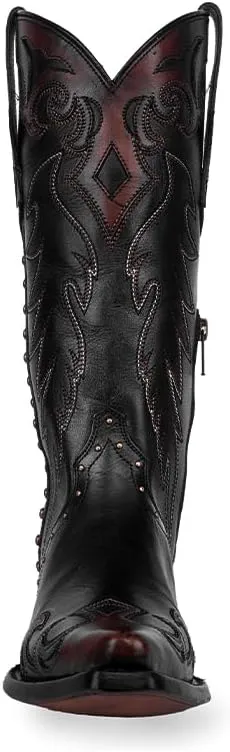 CORRAL LADIE'S BLACK/COGNAC EMBROIDERY & STUDS & SIDE ZIPPER TRIAD, CORRAL 43.8 X 34.8 X 11.0 SOLE,COWHIDE LEATHER, WESTERN BOOT, F1352