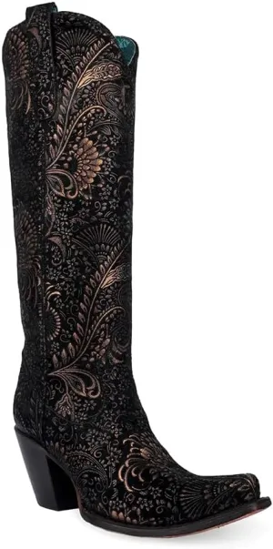 CORRAL LADIE'S BLACK/GOLADIE'S STAMPED FLORAL SUEDE TALL TOP, CORRAL LARGE 65X35 SOLE,COWHIDE LEATHER, URBAN BOOT, A4481