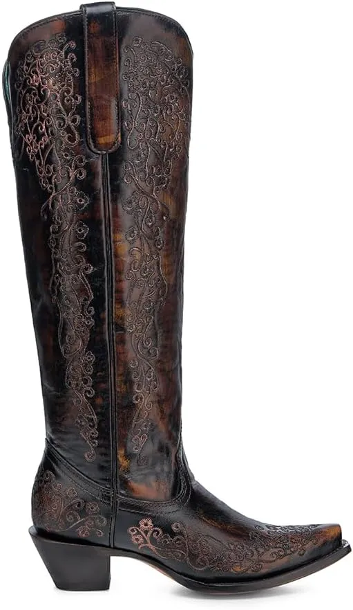 CORRAL LADIE'S BLACK/HONEY FLORAL EMBROIDERY TALL TOP, LEATHER SOLE, COWHIDE LEATHER, WESTERN BOOT, A4789