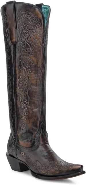 CORRAL LADIE'S BLACK/HONEY FLORAL EMBROIDERY TALL TOP, LEATHER SOLE, COWHIDE LEATHER, WESTERN BOOT, A4789