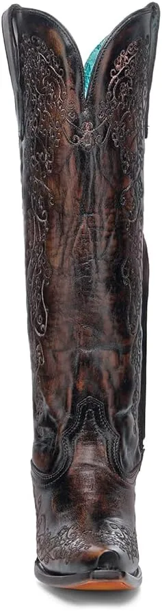 CORRAL LADIE'S BLACK/HONEY FLORAL EMBROIDERY TALL TOP, LEATHER SOLE, COWHIDE LEATHER, WESTERN BOOT, A4789