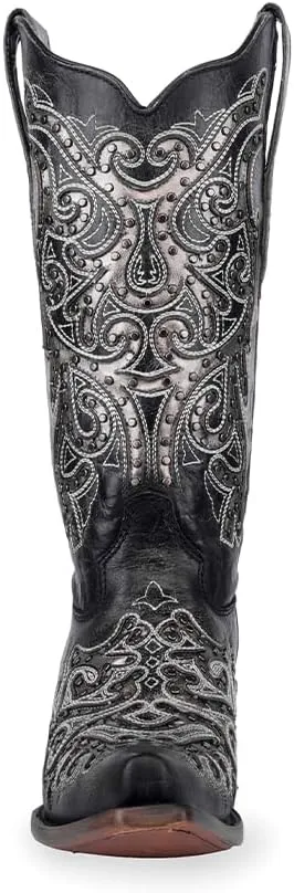 CORRAL LADIE'S BLACK/SILVER INLAY & EMBROIDERY & STUDS, CORRAL 43.8 X 34.8 X 11.0 SOLE,COWHIDE LEATHER, WESTERN BOOT, Z5174