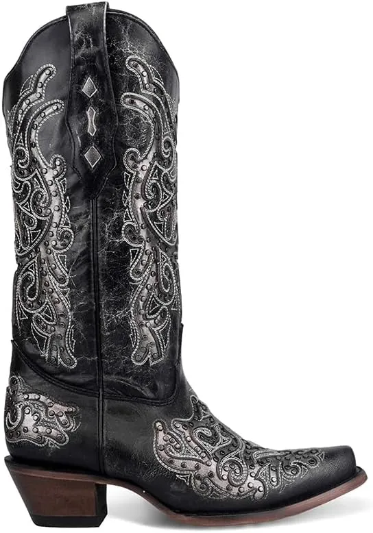 CORRAL LADIE'S BLACK/SILVER INLAY & EMBROIDERY & STUDS, CORRAL 43.8 X 34.8 X 11.0 SOLE,COWHIDE LEATHER, WESTERN BOOT, Z5174