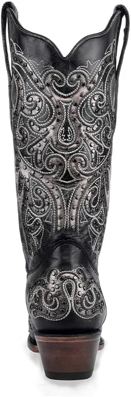 CORRAL LADIE'S BLACK/SILVER INLAY & EMBROIDERY & STUDS, CORRAL 43.8 X 34.8 X 11.0 SOLE,COWHIDE LEATHER, WESTERN BOOT, Z5174