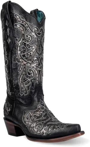 CORRAL LADIE'S BLACK/SILVER INLAY & EMBROIDERY & STUDS, CORRAL 43.8 X 34.8 X 11.0 SOLE,COWHIDE LEATHER, WESTERN BOOT, Z5174