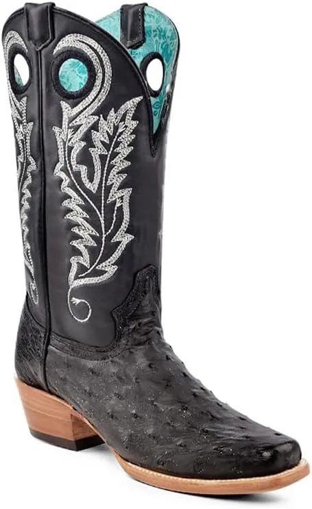 CORRAL LADIE'S BLACK/SILVER OSTRICH EMBROIDERY & CUT OUT SQ. TOE, LEATHER SOLE, OSTRICH LEATHER, WESTERN BOOT, A4560