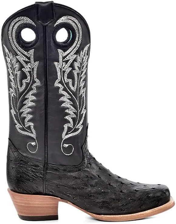 CORRAL LADIE'S BLACK/SILVER OSTRICH EMBROIDERY & CUT OUT SQ. TOE, LEATHER SOLE, OSTRICH LEATHER, WESTERN BOOT, A4560