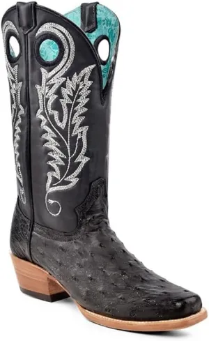 CORRAL LADIE'S BLACK/SILVER OSTRICH EMBROIDERY & CUT OUT SQ. TOE, LEATHER SOLE, OSTRICH LEATHER, WESTERN BOOT, A4560