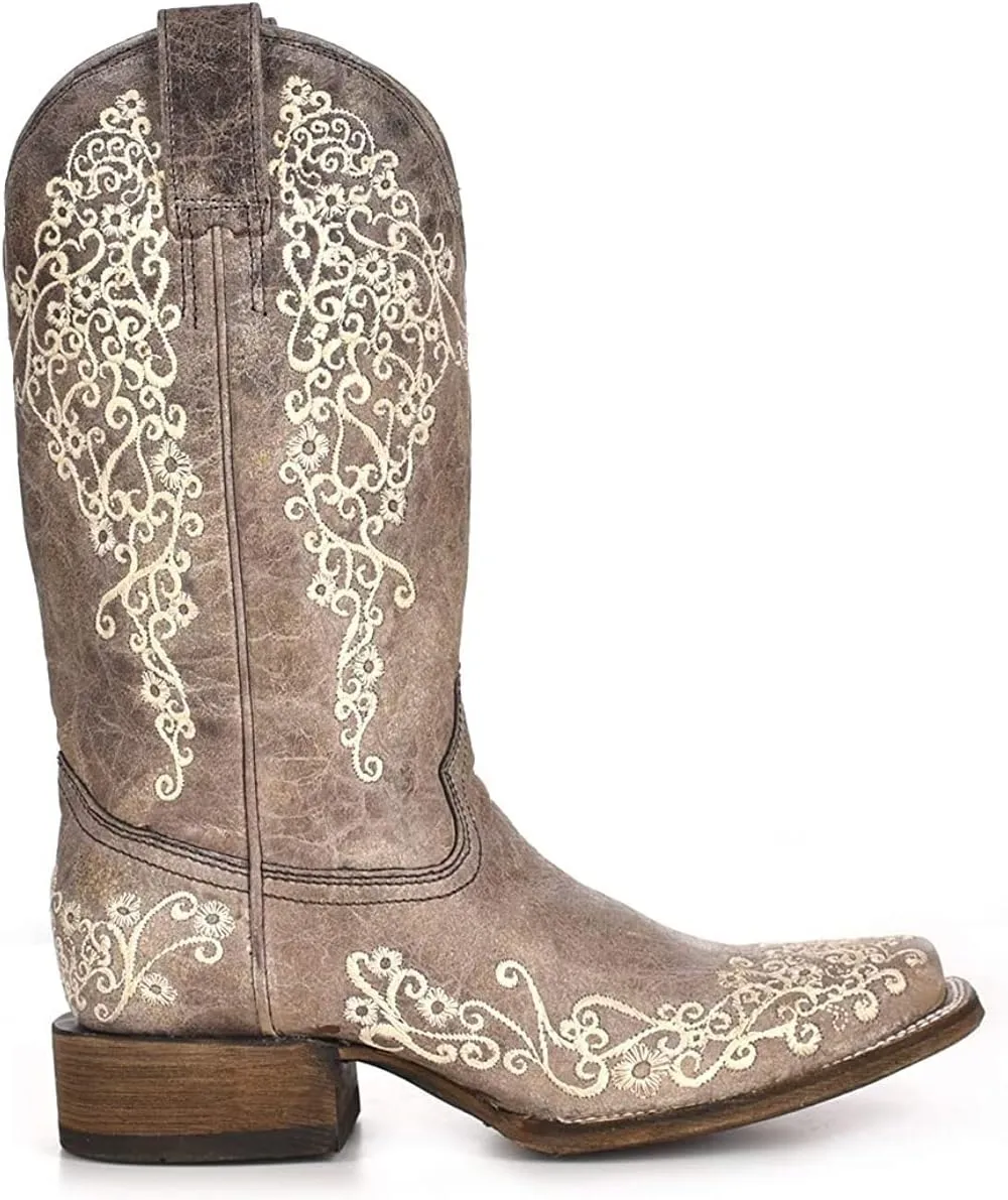 CORRAL LADIE'S BROWN CRATER BONE EMBROIDERY SQ. TOE, LEATHER WITH RUBBER INSERT SOLE, WESTERN A2663