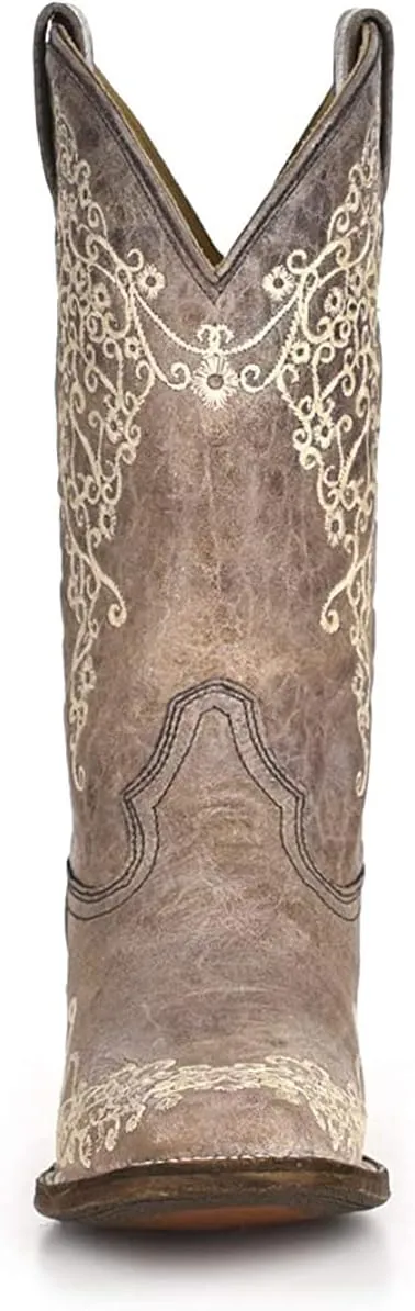 CORRAL LADIE'S BROWN CRATER BONE EMBROIDERY SQ. TOE, LEATHER WITH RUBBER INSERT SOLE, WESTERN A2663