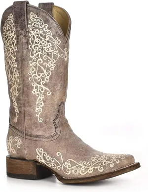 CORRAL LADIE'S BROWN CRATER BONE EMBROIDERY SQ. TOE, LEATHER WITH RUBBER INSERT SOLE, WESTERN A2663