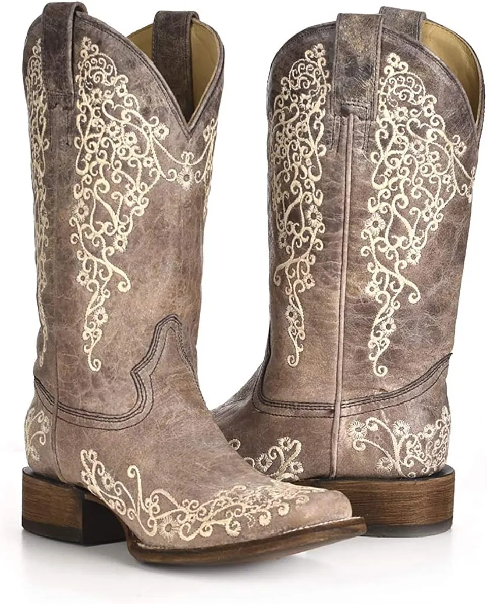 CORRAL LADIE'S BROWN CRATER BONE EMBROIDERY SQ. TOE, LEATHER WITH RUBBER INSERT SOLE, WESTERN A2663