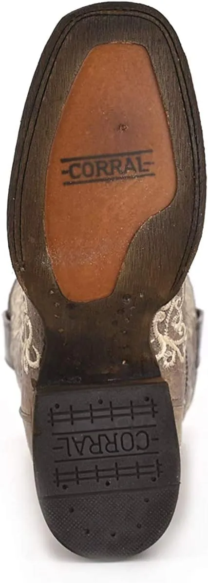 CORRAL LADIE'S BROWN CRATER BONE EMBROIDERY SQ. TOE, LEATHER WITH RUBBER INSERT SOLE, WESTERN A2663