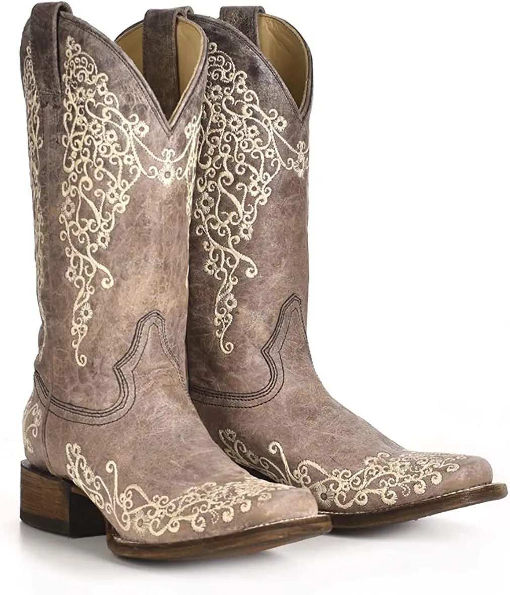 CORRAL LADIE'S BROWN CRATER BONE EMBROIDERY SQ. TOE, LEATHER WITH RUBBER INSERT SOLE, WESTERN A2663