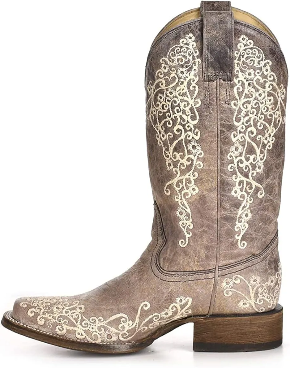 CORRAL LADIE'S BROWN CRATER BONE EMBROIDERY SQ. TOE, LEATHER WITH RUBBER INSERT SOLE, WESTERN A2663