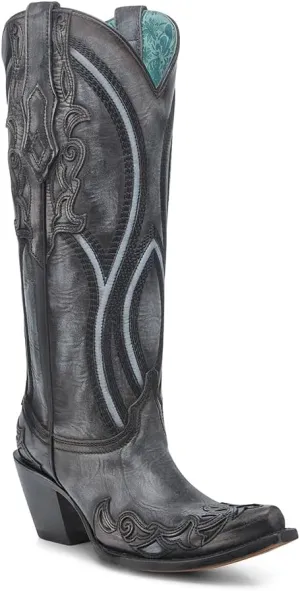 CORRAL LADIE'S BROWN/BLUE OVERLAY & EMBROIDERY TALL TOP, LEATHER SOLE, COWHIDE LEATHER, WESTERN BOOT, A4699