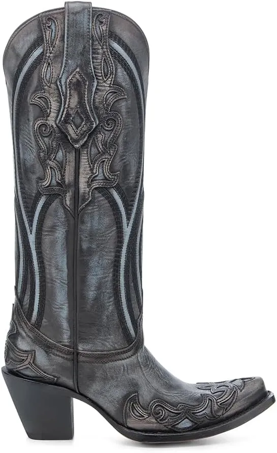CORRAL LADIE'S BROWN/BLUE OVERLAY & EMBROIDERY TALL TOP, LEATHER SOLE, COWHIDE LEATHER, WESTERN BOOT, A4699