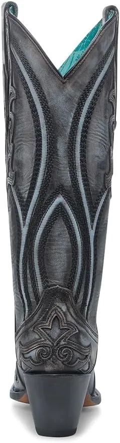CORRAL LADIE'S BROWN/BLUE OVERLAY & EMBROIDERY TALL TOP, LEATHER SOLE, COWHIDE LEATHER, WESTERN BOOT, A4699