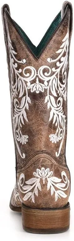 CORRAL LADIE'S BROWN/WHITE EMBROIDERY SQ. TOE - GLOW COLLECTION, LEATHER SOLE, WESTERN A4063