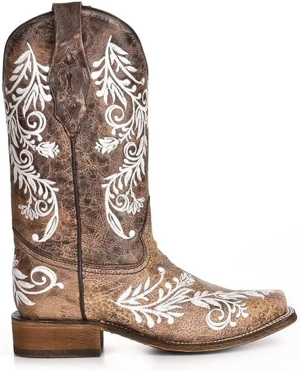 CORRAL LADIE'S BROWN/WHITE EMBROIDERY SQ. TOE - GLOW COLLECTION, LEATHER SOLE, WESTERN A4063