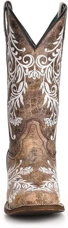 CORRAL LADIE'S BROWN/WHITE EMBROIDERY SQ. TOE - GLOW COLLECTION, LEATHER SOLE, WESTERN A4063