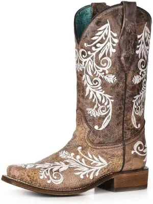CORRAL LADIE'S BROWN/WHITE EMBROIDERY SQ. TOE - GLOW COLLECTION, LEATHER SOLE, WESTERN A4063