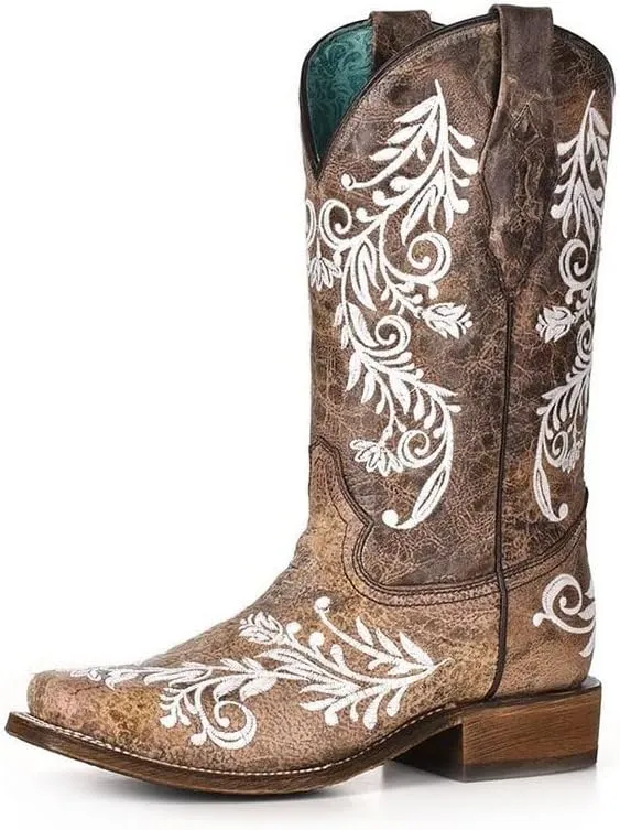 CORRAL LADIE'S BROWN/WHITE EMBROIDERY SQ. TOE - GLOW COLLECTION, LEATHER SOLE, WESTERN A4063