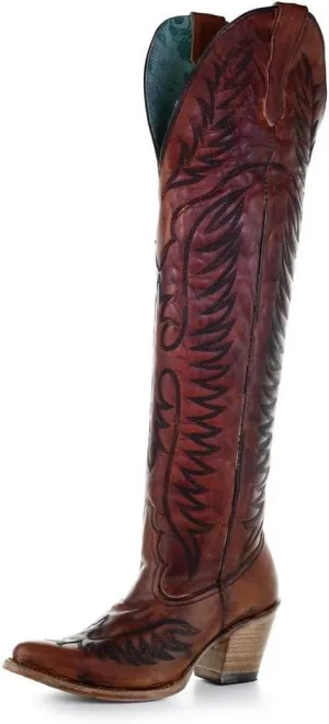 CORRAL LADIE'S COGNAC EMBROIDERY TALL TOP, SNIP TOE, LEATHER SOLE, URBAN, E1507