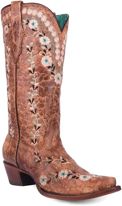 CORRAL LADIE'S COGNAC FLOWERED EMBROIDERY GLOW COLLECTION, CORRAL 43.8 X 34.8 X 11.0 SOLE,COWHIDE LEATHER, WESTERN BOOT, A4439