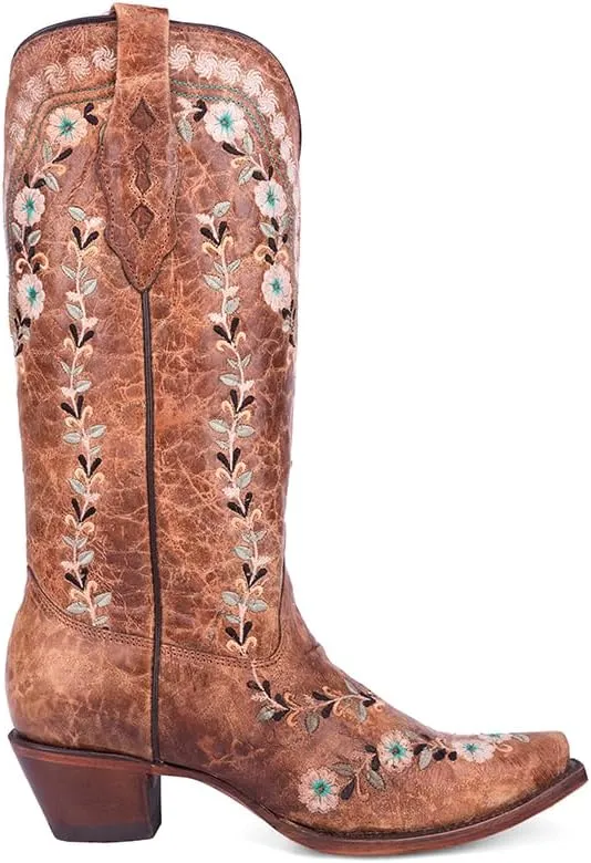 CORRAL LADIE'S COGNAC FLOWERED EMBROIDERY GLOW COLLECTION, CORRAL 43.8 X 34.8 X 11.0 SOLE,COWHIDE LEATHER, WESTERN BOOT, A4439