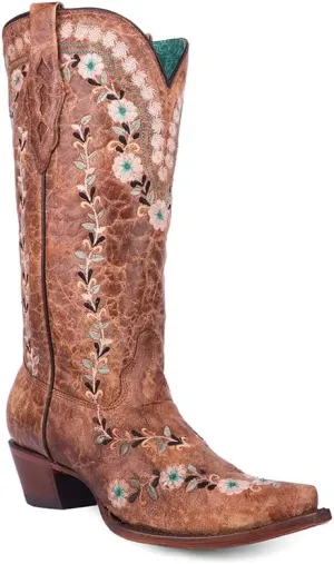 CORRAL LADIE'S COGNAC FLOWERED EMBROIDERY GLOW COLLECTION, CORRAL 43.8 X 34.8 X 11.0 SOLE,COWHIDE LEATHER, WESTERN BOOT, A4439