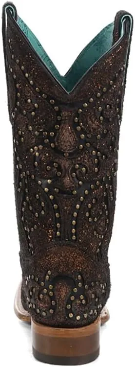 CORRAL LADIE'S COPPER/BLACK LASER & EMBROIDERY & STUDS SQ. TOE, LEATHER SOLE, COWHIDE LEATHER, WESTERN BOOT, Z5261