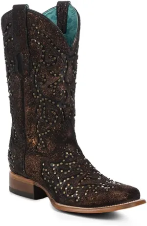 CORRAL LADIE'S COPPER/BLACK LASER & EMBROIDERY & STUDS SQ. TOE, LEATHER SOLE, COWHIDE LEATHER, WESTERN BOOT, Z5261