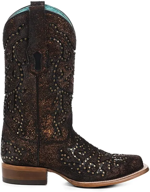 CORRAL LADIE'S COPPER/BLACK LASER & EMBROIDERY & STUDS SQ. TOE, LEATHER SOLE, COWHIDE LEATHER, WESTERN BOOT, Z5261