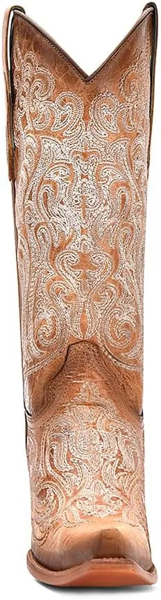 CORRAL LADIE'S CRACKLED STRAW-BLUE LIMINISCENT EMBROIDERY, LEATHER SOLE, COWHIDE LEATHER, WESTERN BOOTS, C4144