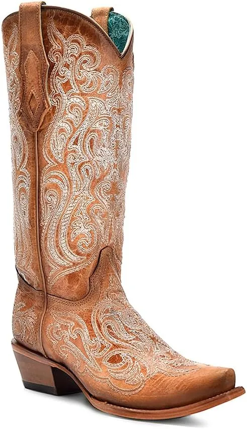 CORRAL LADIE'S CRACKLED STRAW-BLUE LIMINISCENT EMBROIDERY, LEATHER SOLE, COWHIDE LEATHER, WESTERN BOOTS, C4144