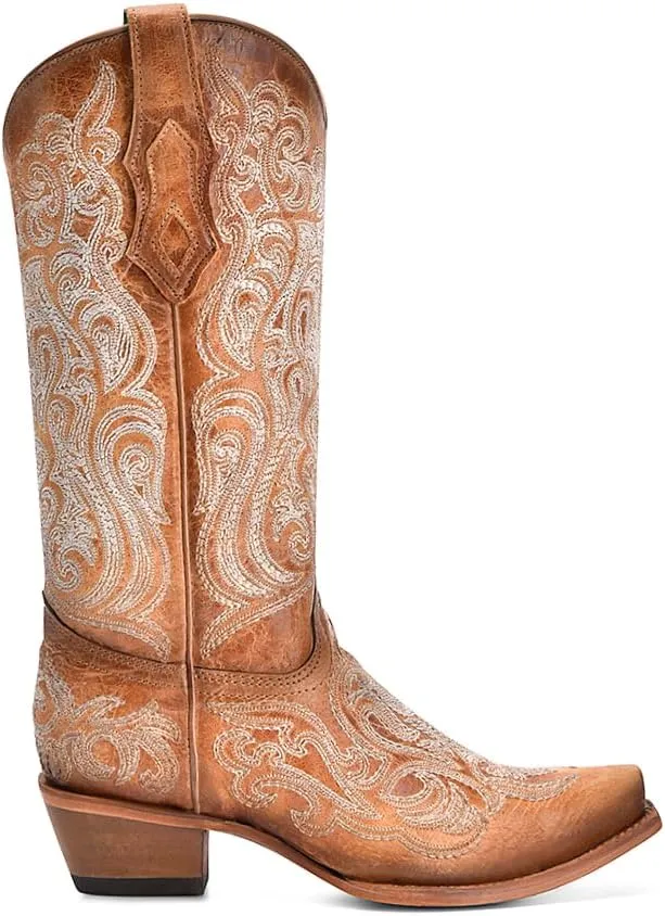 CORRAL LADIE'S CRACKLED STRAW-BLUE LIMINISCENT EMBROIDERY, LEATHER SOLE, COWHIDE LEATHER, WESTERN BOOTS, C4144