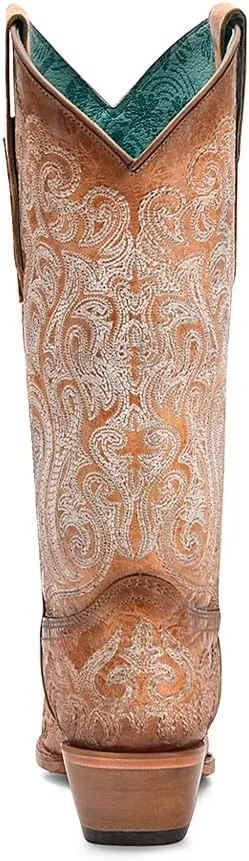 CORRAL LADIE'S CRACKLED STRAW-BLUE LIMINISCENT EMBROIDERY, LEATHER SOLE, COWHIDE LEATHER, WESTERN BOOTS, C4144