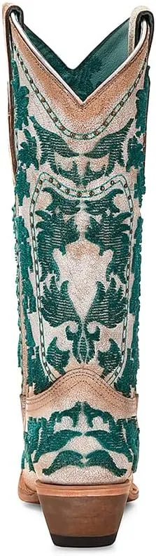 CORRAL LADIE'S CRACKLED WHITE-TURQUOISE BRISTLE EMBROIDERY & STUDS, LEATHER SOLE, COWHIDE LEATHER, WESTERN BOOTS, C4131
