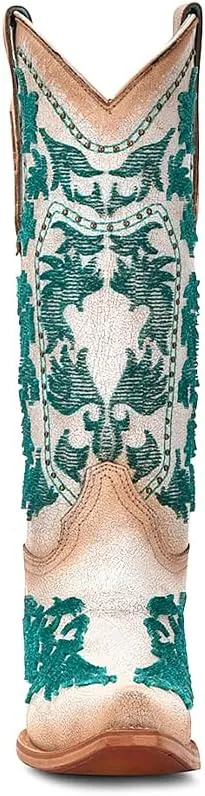 CORRAL LADIE'S CRACKLED WHITE-TURQUOISE BRISTLE EMBROIDERY & STUDS, LEATHER SOLE, COWHIDE LEATHER, WESTERN BOOTS, C4131