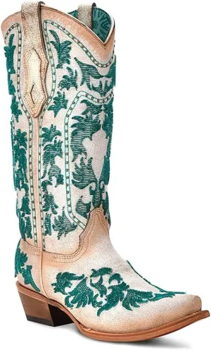 CORRAL LADIE'S CRACKLED WHITE-TURQUOISE BRISTLE EMBROIDERY & STUDS, LEATHER SOLE, COWHIDE LEATHER, WESTERN BOOTS, C4131