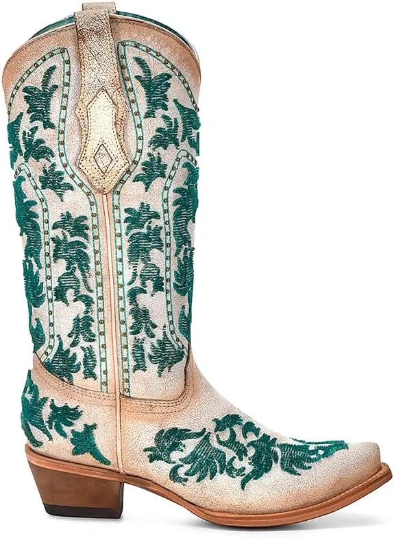 CORRAL LADIE'S CRACKLED WHITE-TURQUOISE BRISTLE EMBROIDERY & STUDS, LEATHER SOLE, COWHIDE LEATHER, WESTERN BOOTS, C4131