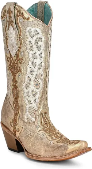 CORRAL LADIE'S GOLD/BONE OVERLAY & EMBROIDERY & STUDS & CRYSTALS, SNIP TOE, LEATHER SOLE, WESTERN, C3895