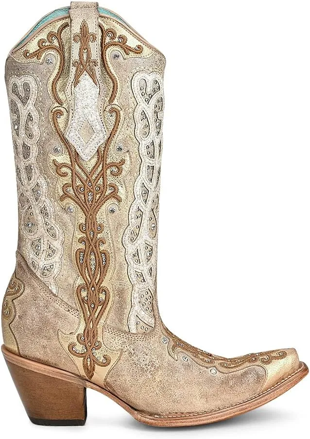 CORRAL LADIE'S GOLD/BONE OVERLAY & EMBROIDERY & STUDS & CRYSTALS, SNIP TOE, LEATHER SOLE, WESTERN, C3895