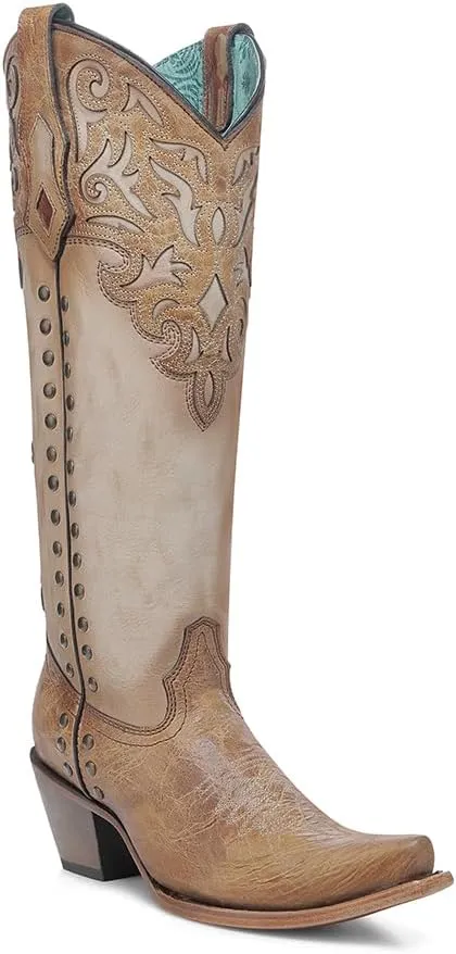 CORRAL LADIE'S HONEY/BONE OVERLAY & EMBROIDERY & STUDS TALL TOP, LEATHER SOLE, COWHIDE LEATHER, WESTERN BOOT, C4218