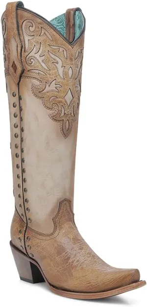 CORRAL LADIE'S HONEY/BONE OVERLAY & EMBROIDERY & STUDS TALL TOP, LEATHER SOLE, COWHIDE LEATHER, WESTERN BOOT, C4218
