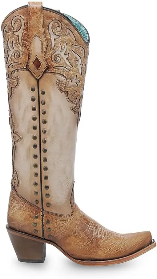 CORRAL LADIE'S HONEY/BONE OVERLAY & EMBROIDERY & STUDS TALL TOP, LEATHER SOLE, COWHIDE LEATHER, WESTERN BOOT, C4218