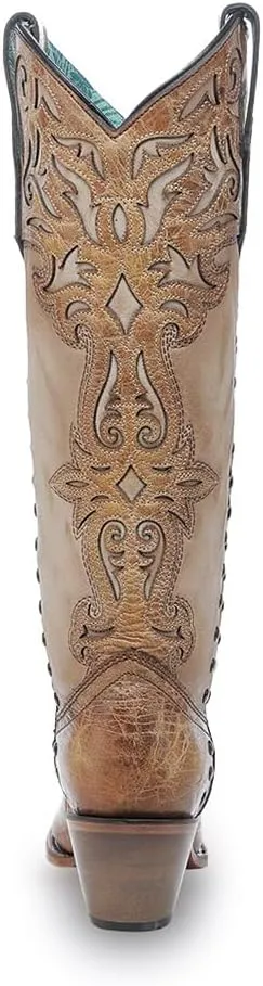 CORRAL LADIE'S HONEY/BONE OVERLAY & EMBROIDERY & STUDS TALL TOP, LEATHER SOLE, COWHIDE LEATHER, WESTERN BOOT, C4218